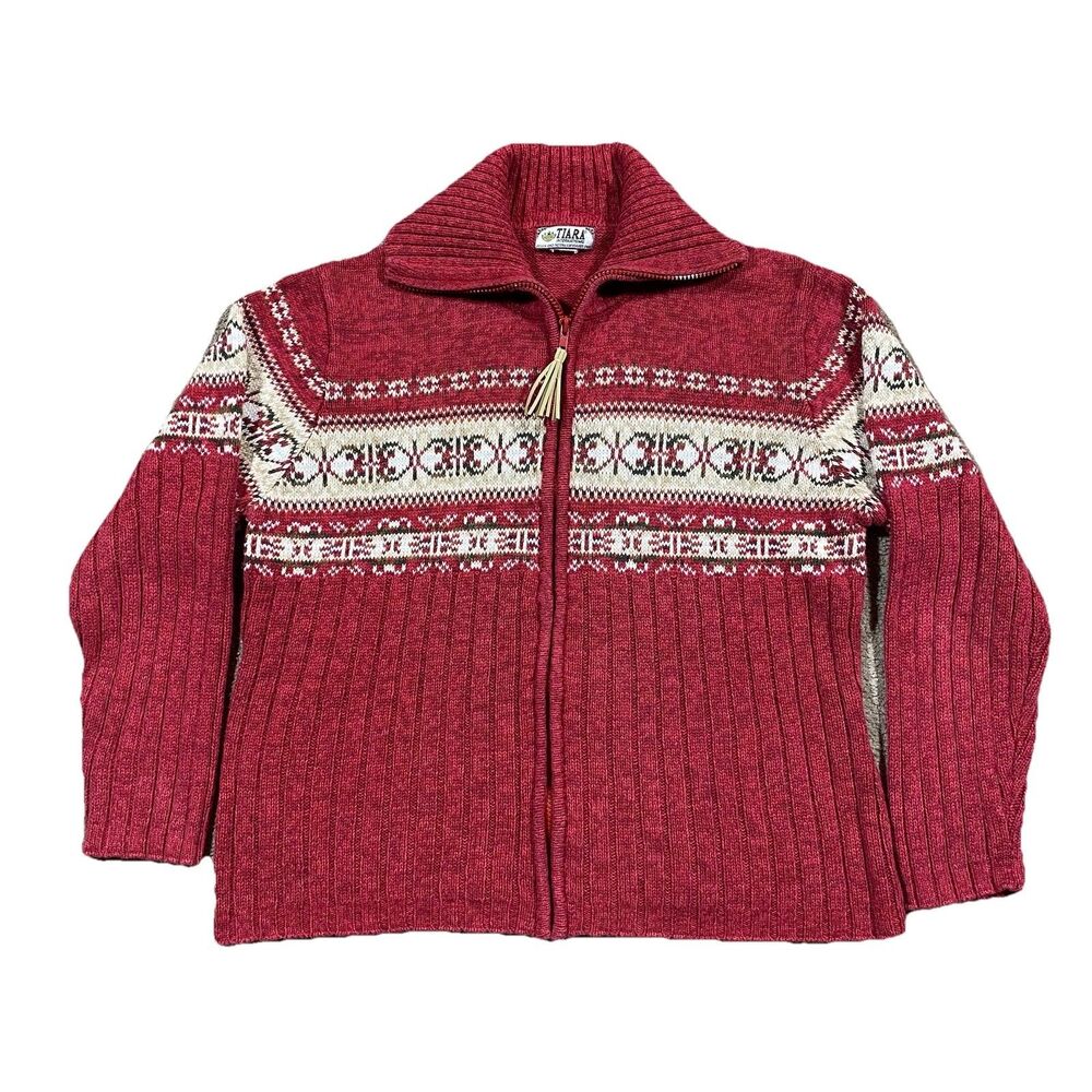 Tiara International Red Fair Isle Zip Cardigan Sweater Women M